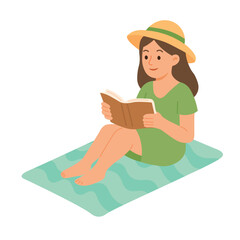 Girl in green dress peacefully reading a book on summer beach mat under sunny sky.