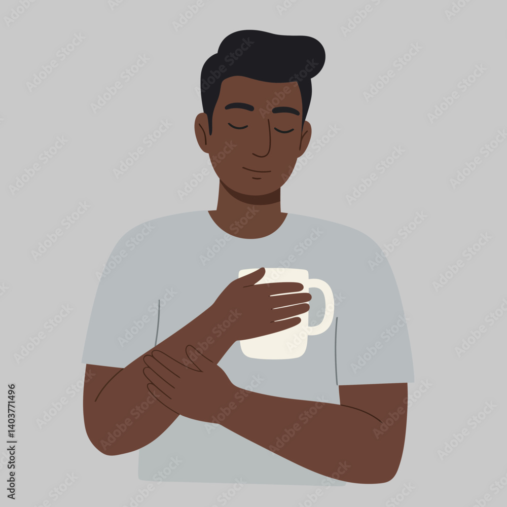 Poster man holding a mug with a calm expression in flat vector art
