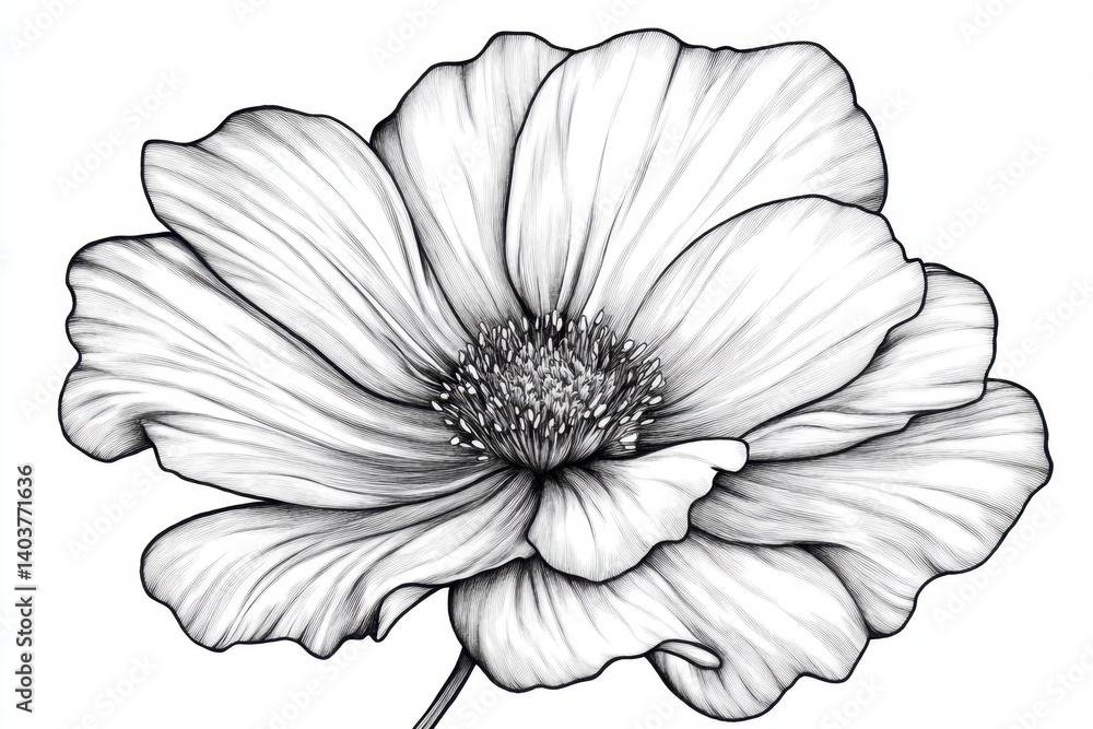 Poster Delicate floral sketch of a poppy flower in black and white with intricate line work and subtle shading creating a serene and elegant botanical illustration