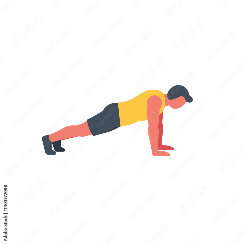 Poster man performing push-up exercise in flat style vector illustration