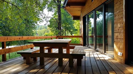 A serene wooden deck with a picnic table surrounded by lush greenery in a tranquil setting