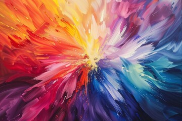 A colorful abstract painting with bold brushstrokes creating a swirling explosion of color, Bursting bursts of color that draw the eye in every direction