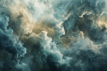 Fototapeta premium A mesmerizing view of ethereal clouds, tinged with a soft topaz hue, billowing in the vast expanse of the sky, Ethereal clouds billowing