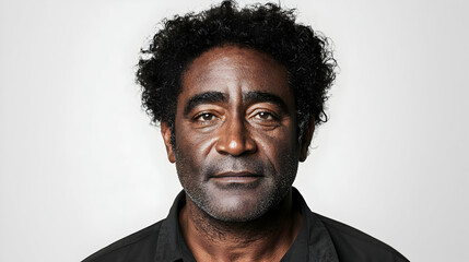 Fototapeta premium Close Up Portrait Of An Adult Black Man With Dark Curly Hair And Serious Expression Against Plain White Backdrop