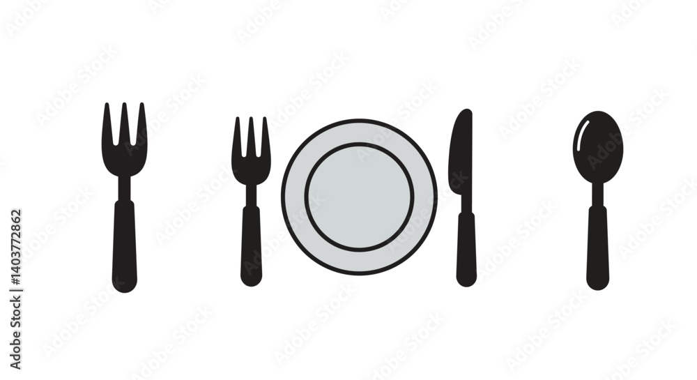 Aufkleber dining utensils arranged in a minimal style with a plate in vector art
