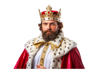 Majestic king in royal attire with crown and fur trimmed robe looking regal on Transparent Background