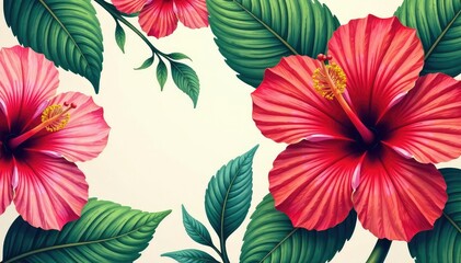 Bold blooming hibiscus, tropical floral repeat, flowers, bright