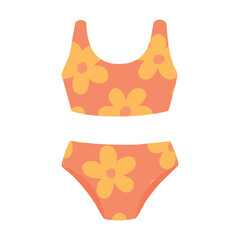 Bright floral two-piece swimsuit in cartoon flat style, summer beachwear for girls and women.