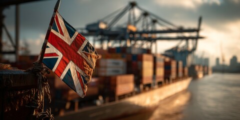 uk flag flying beside container cargo ship symbolizing trade, tariff, goods, and export and import