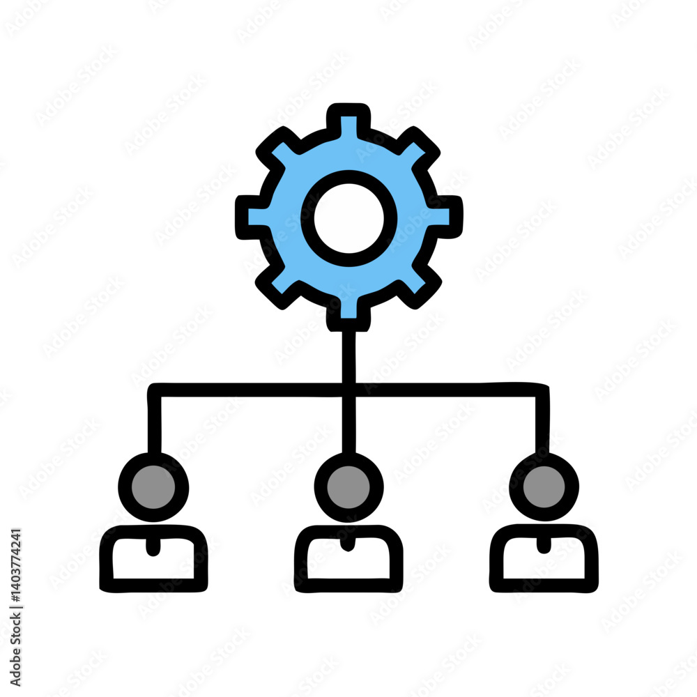Poster organizational chart with gear icon representing team structure and operational management