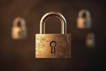 A closed padlock encompassed by floating security symbols.