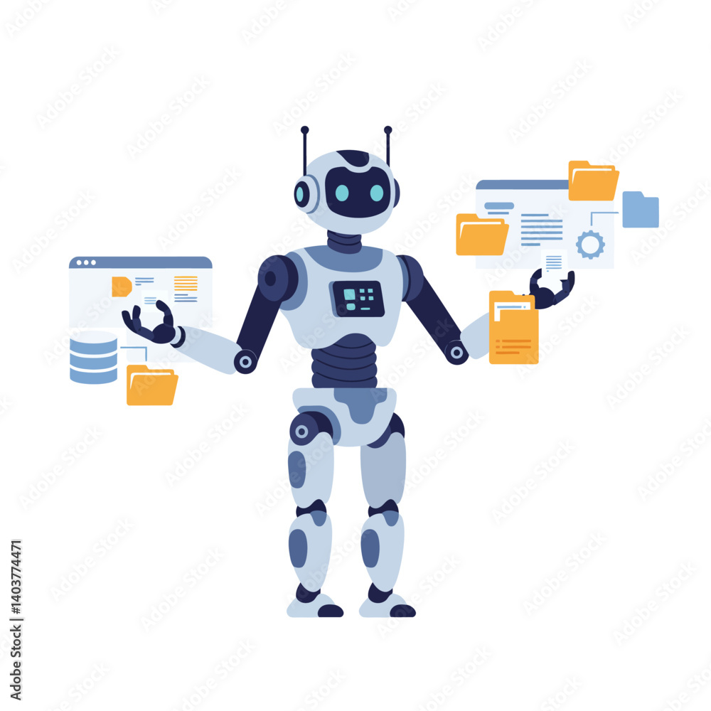 Poster robot holding digital documents and data in flat vector art style