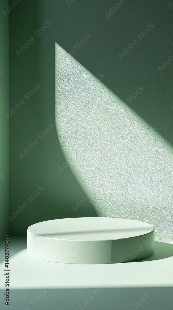 Poster minimalist display area with circular platform illuminated by soft light in a serene green-toned env