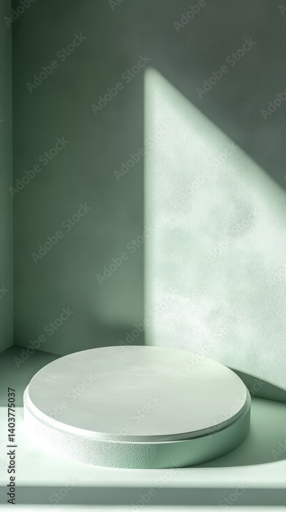Poster minimalist display area with circular platform illuminated by soft light in a serene green-toned env