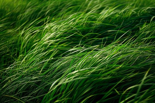 A close-up image of lush green grass swaying gently in a summer breeze, Vibrant green grass swaying in the breeze