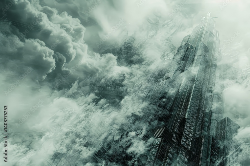 Poster an abstract interpretation of a skyscraper reaching through a sea of fog, an abstract interpretation