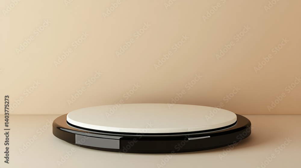 Poster circular platform rotating slowly against a beige wall, showcasing its smooth surface and modern des