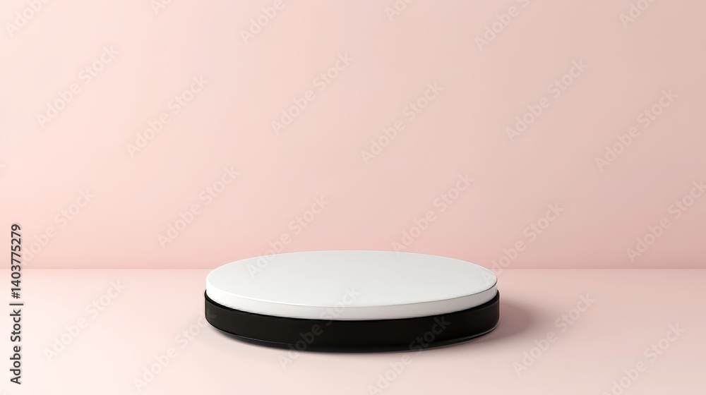 Poster circular platform rotating slowly against a beige wall, showcasing its smooth surface and modern des