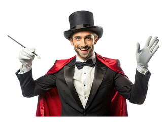 Classic magician with bow tie top hat and magic wand smiling and gesturing isolated against Transparent Background
