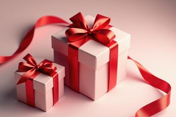 Fototapeta premium Elegant red ribbon tied gift boxes, gold accents, christmas, paper, pretty