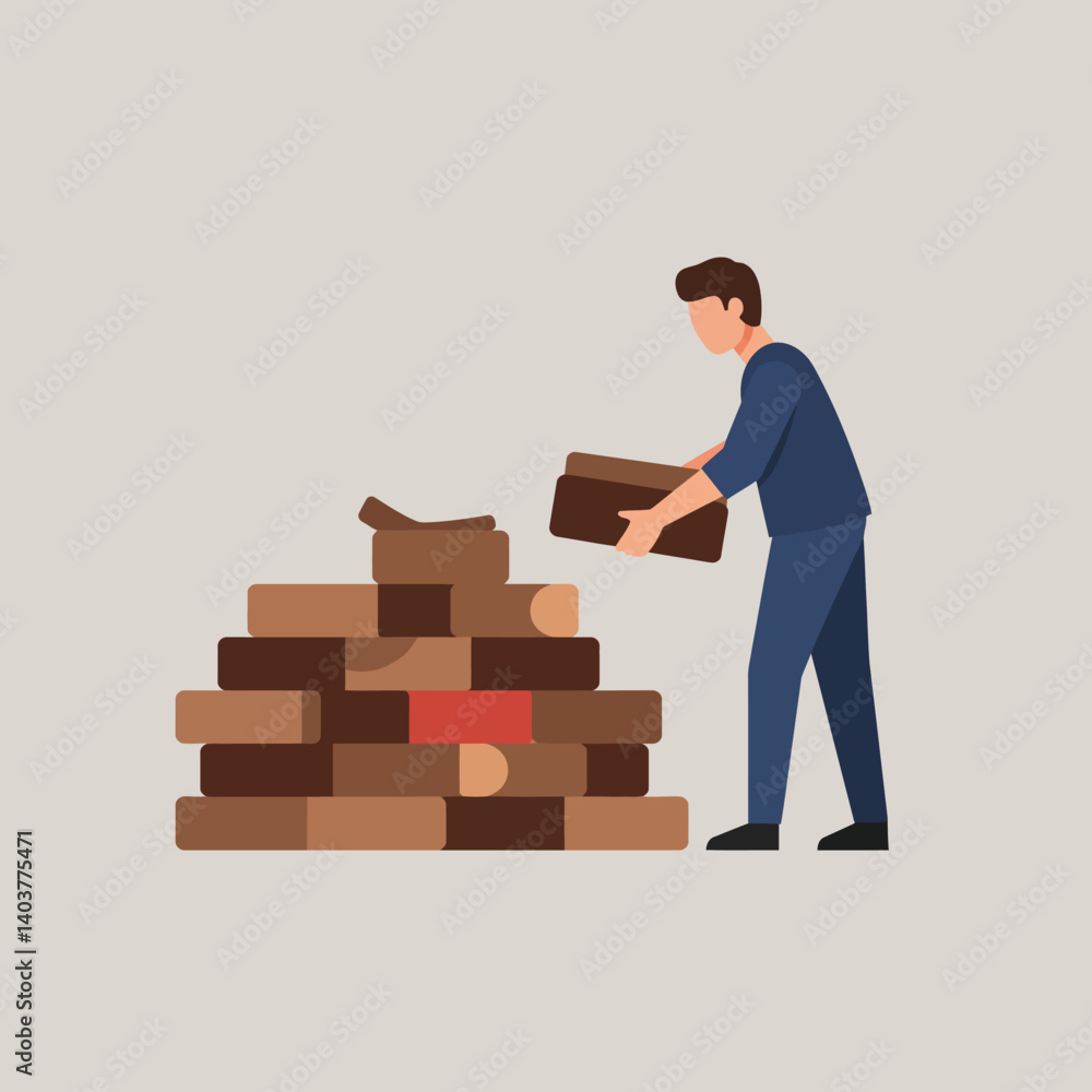Poster man stacking wooden blocks in a minimal flat design vector art