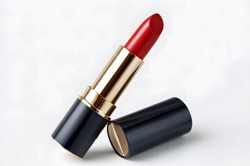 Close-up of a luxurious red lipstick with a sleek black and gold tube, perfect for beauty, cosmetics, makeup, and fashion product photography.