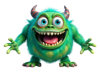 Fototapeta premium Playful green monster character with horns teeth and claws isolated on a Transparent Background cute design