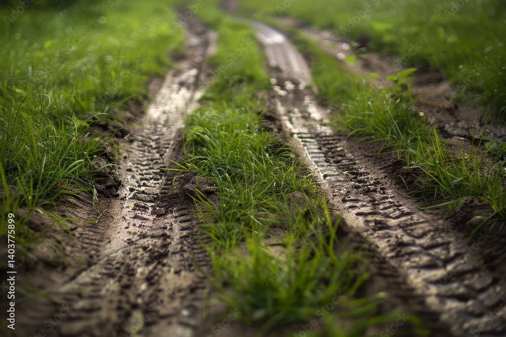 Poster a close-up view of a grassy path with deep tire tracks and mud splatters, grassy path with tire trac