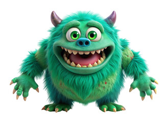 Happy cartoon monster with horns and fuzzy fur colorful character design isolated on a Transparent Background