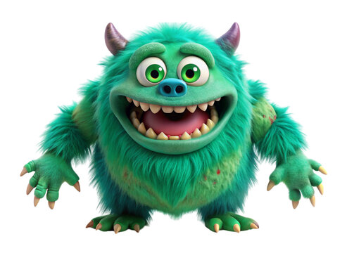 Happy cartoon monster with horns and fuzzy fur colorful character design isolated on a Transparent Background