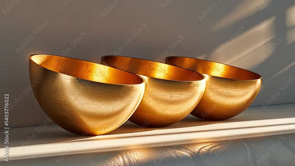 Poster Three golden bowls, elegantly positioned on a light surface, catch the warm sunlight, enhancing their shiny finish and creating a striking visual effect in a minimalist setting.