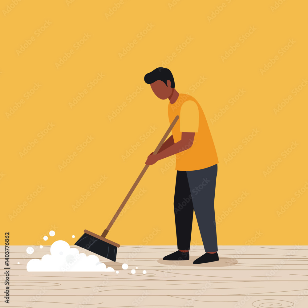 Poster man sweeping floor with broom in minimal flat design vector art