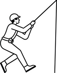 Outline art of construction worker pulling cable, wearing safety helmet on white