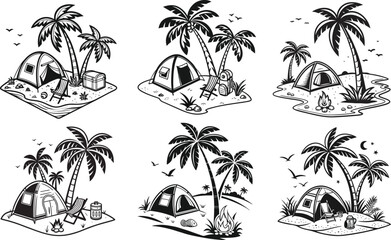 Fototapeta premium Summer beach camping black vector 