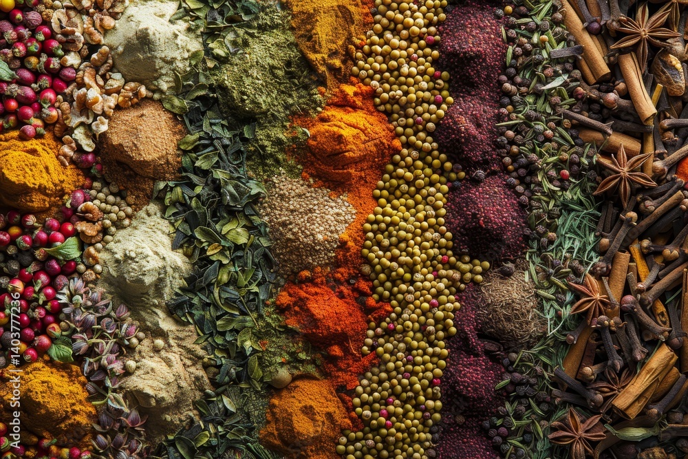 Poster a close-up image showcasing an array of spices and herbs arranged in parallel lines, an assortment o
