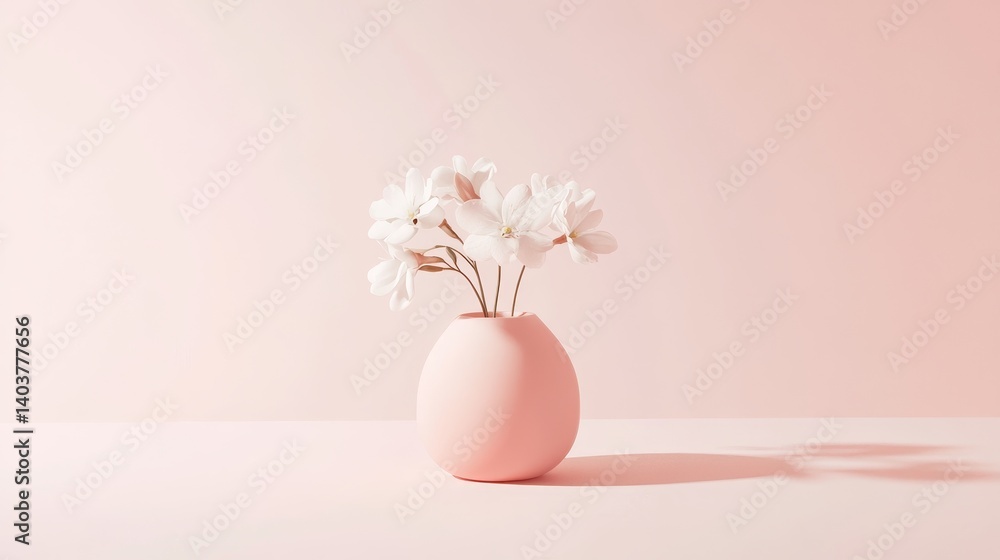 Poster elegant white flowers arranged in a minimalist round vase on a soft pink backdrop creating a serene 