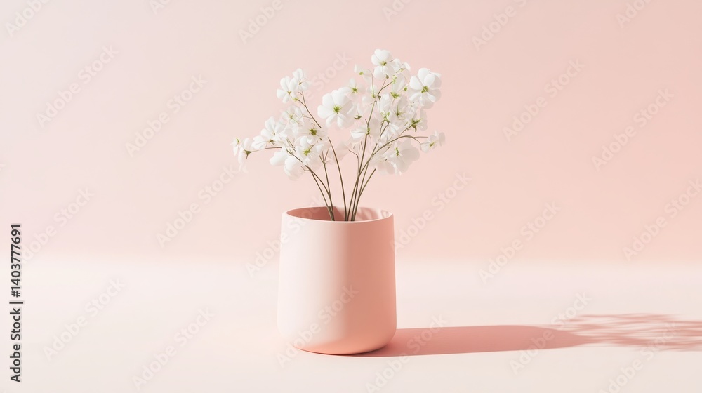 Poster elegant white flowers arranged in a minimalist round vase on a soft pink backdrop creating a serene 