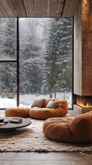 Cozy Winter Retreat With a Fireplace and Snowy Forest View in a Modern Living Room