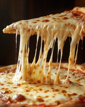 Appetizing Slice of Pizza with Melted Mozzarella Cheese Drizzling Down in a Mouthwatering Close Up View