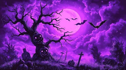 Spooky Halloween graveyard under full moon