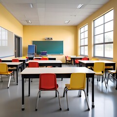Modern Empty Classroom with Chairs, Tables and Blackboard