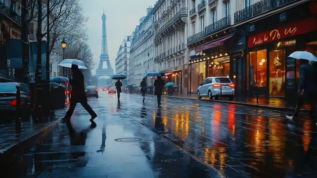 Rainy Parisian Street with Eiffel Tower in Background