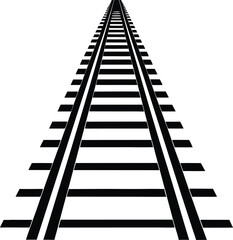 Railroad Track in Perspective, Black Rails and Ties on Transparent Background