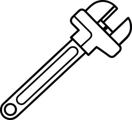 Adjustable Wrench Tool Outline on White Surface, Detailed Line