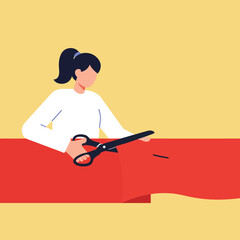 Seamstress using scissors to cut fabric in flat vector art