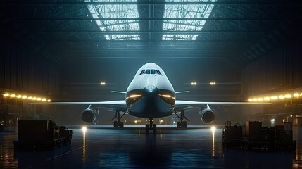 Large passenger airplane parked inside maintenance hangar