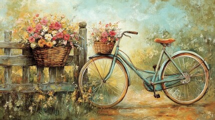 Fototapeta premium A vintage bicycle and flowers near a rustic wooden fence