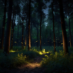 Obraz premium Nighttime forest illuminated by fireflies, glowing specks among trees, magical and quiet ambiance, deep shadows and soft light