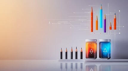 Colorful pencils and jars on a sleek surface, showcasing data visualization in the background