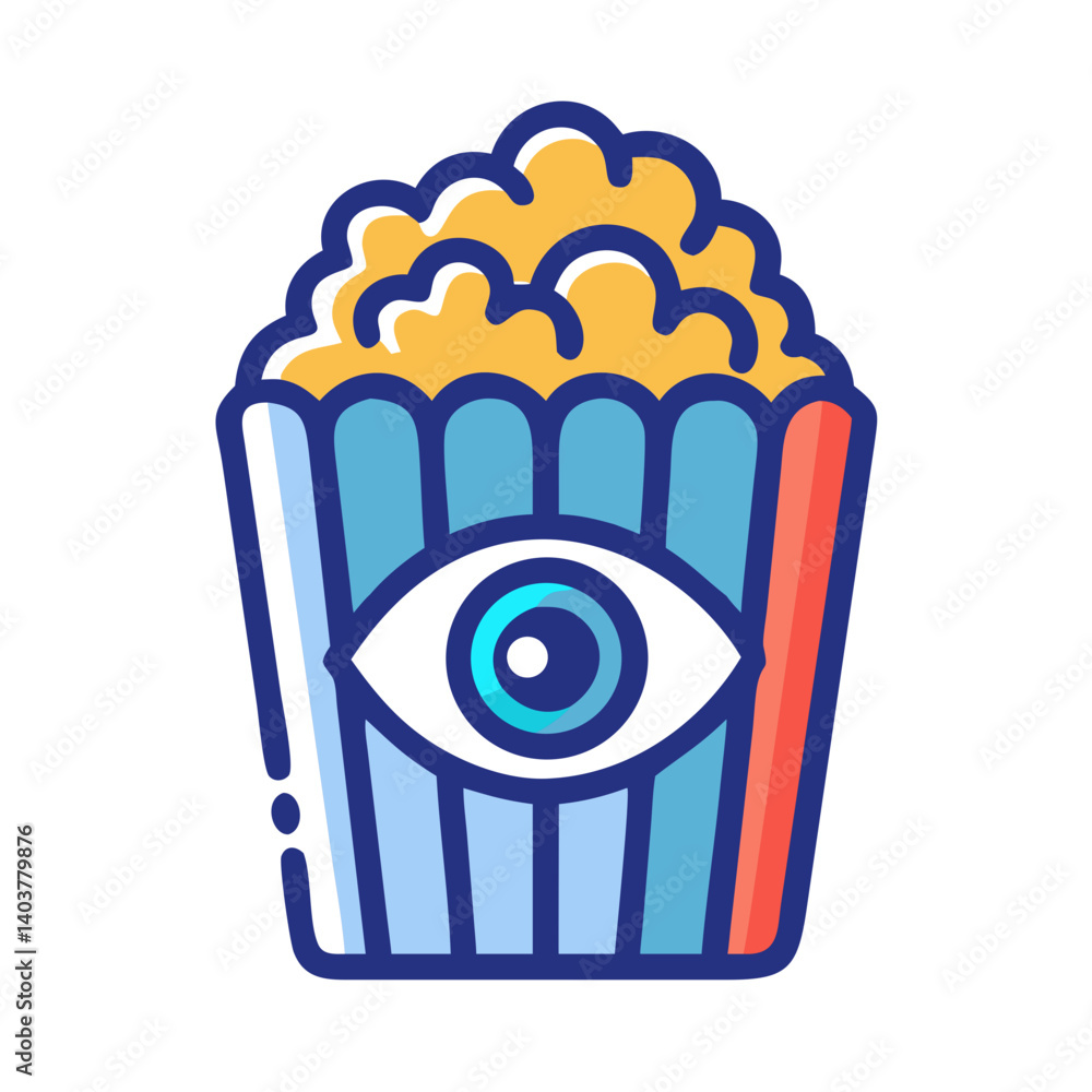 Poster popcorn with eye icon representing movie viewing and entertainment experience